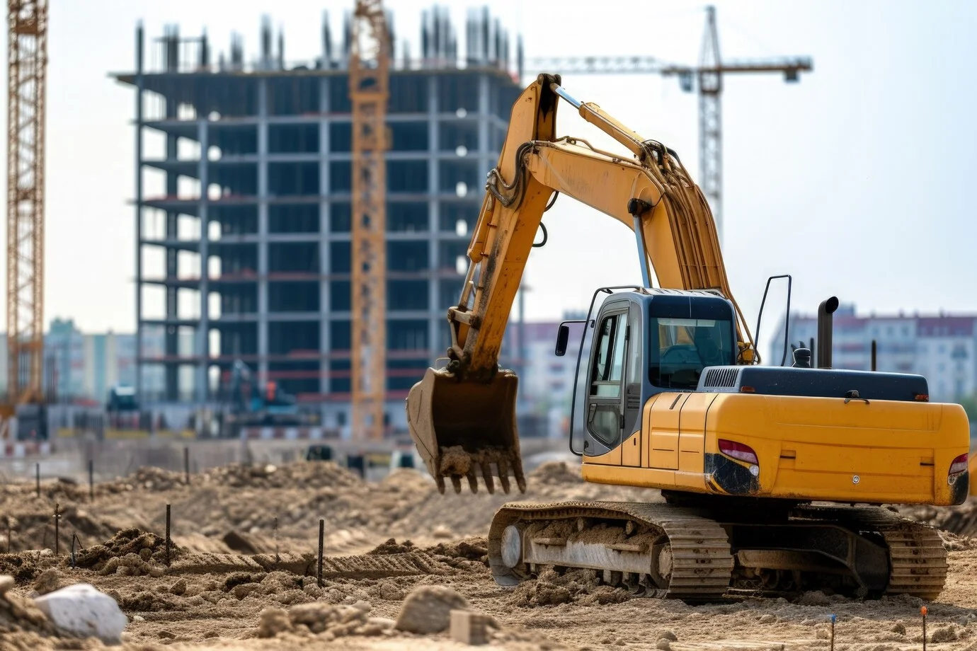 scene-construction-site-with-equipment_23-2151317289 - Siteworx Land Clearing & Excavation, LLC - Siteworx Land Clearing & Excavation, LLC Yellow excavator with bucket raised sits on a dirt construction site, with a multi-story building and crane in the background under clear skies